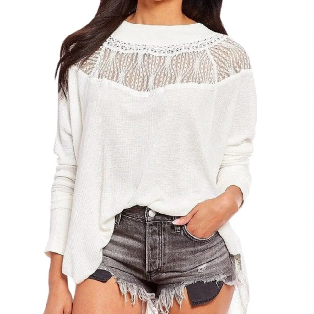 Free people Spring Valley ivory lace yolk trim thermal long sleeve top Size XS